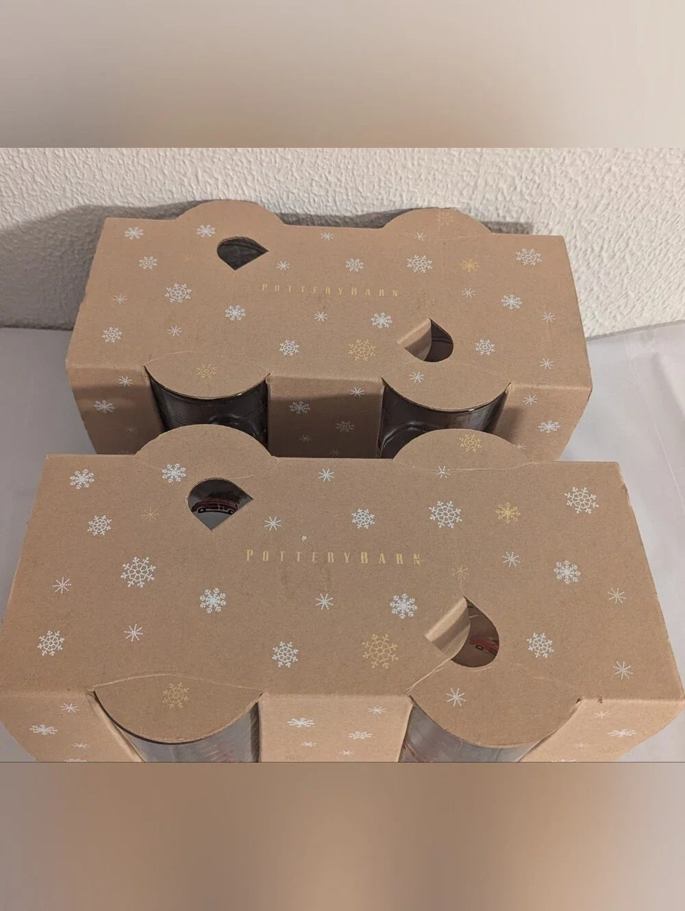 Pottery Barn juice glasses Set of 8 Christmas Car woody Crisa signed NIB